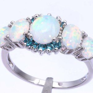 New - White Fire Opal With Aquamarine Silver Ring - Size 6